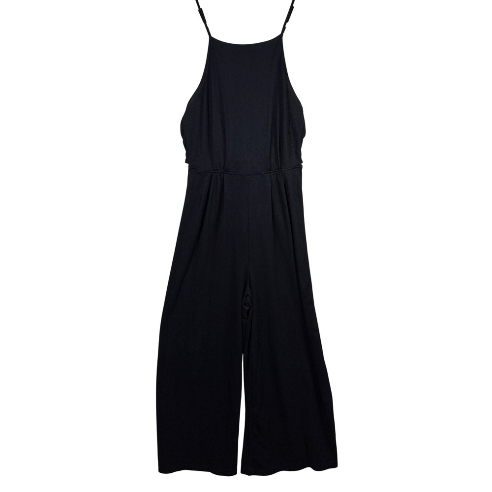 ESSUE Black Ribbed High Neck Tie Back Wide Leg Jumpsuit Size S